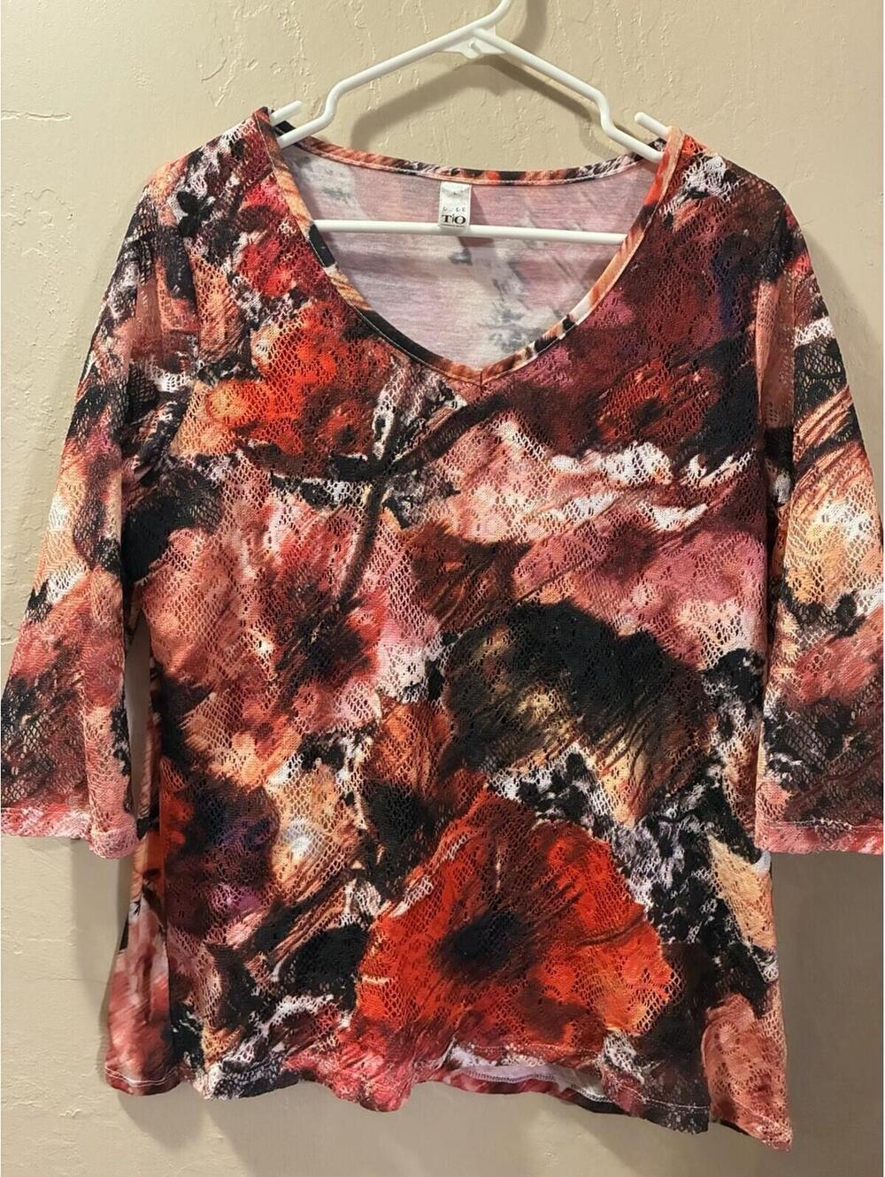 Thomas & Olivia Multicolor Floral Lace V-Neck Lined Blouse 3/4 Sleeve Size L